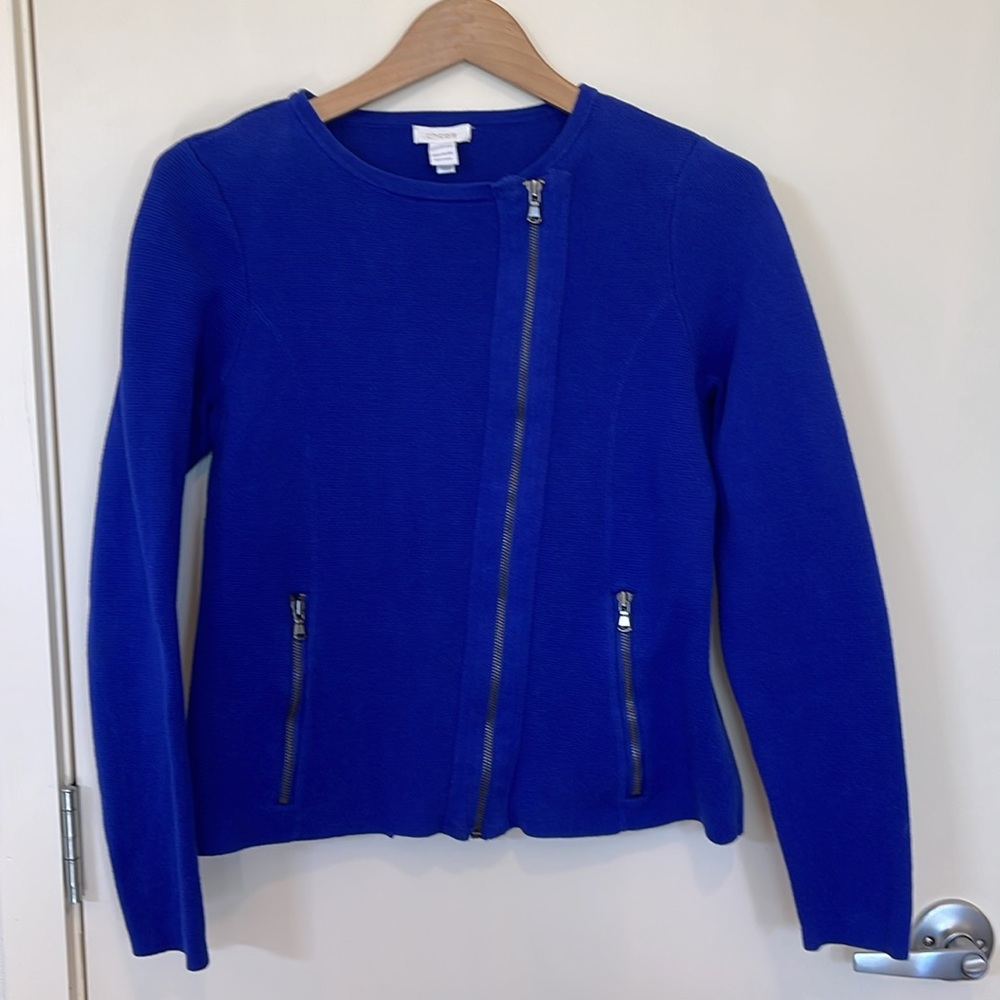 Chicos Sweater Jacket Women's Blue Asymmetric Zip Pockets Cotton Knit Size M